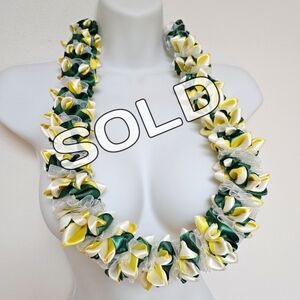 SOLD * Hawaiian Lei Ribbon and bead green yellow white plumeria floral necklace